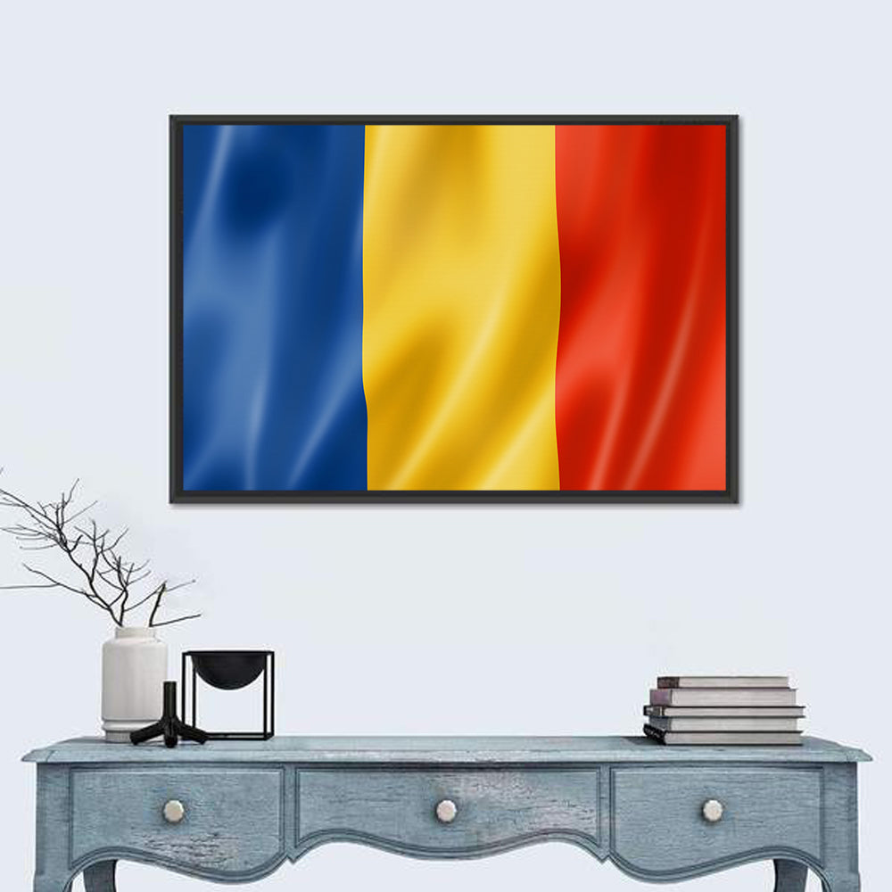 Romanian Tricolor Flag Wall Art in a room, landscape