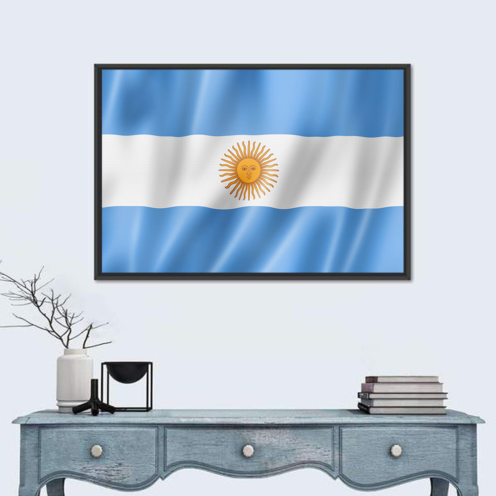 Argentine Flag with Sun Emblem Wall Art in a room, landscape