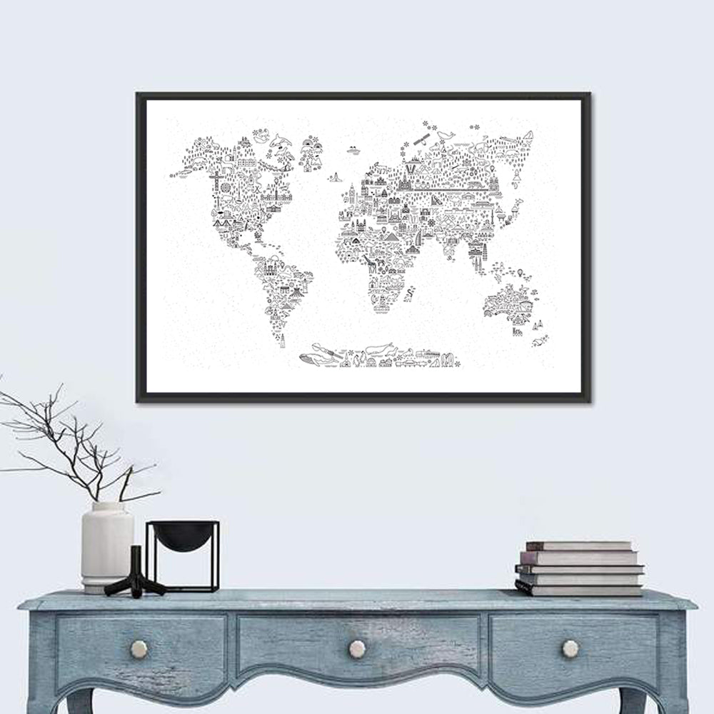World Map of Travel Icons Wall Art in a room, landscape