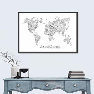 World Travel Line Icons Map Wall Art