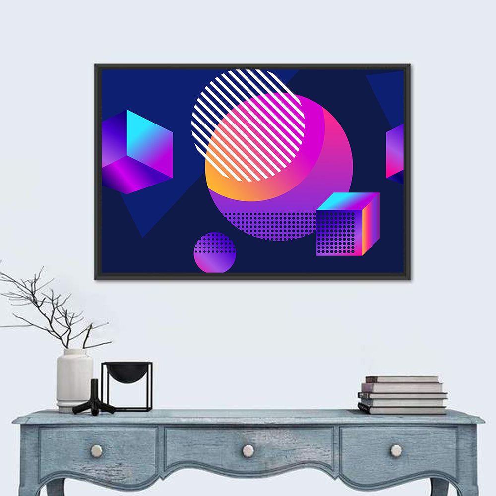 Isometric Shapes in Blue and Purple Wall Art in a room, landscape