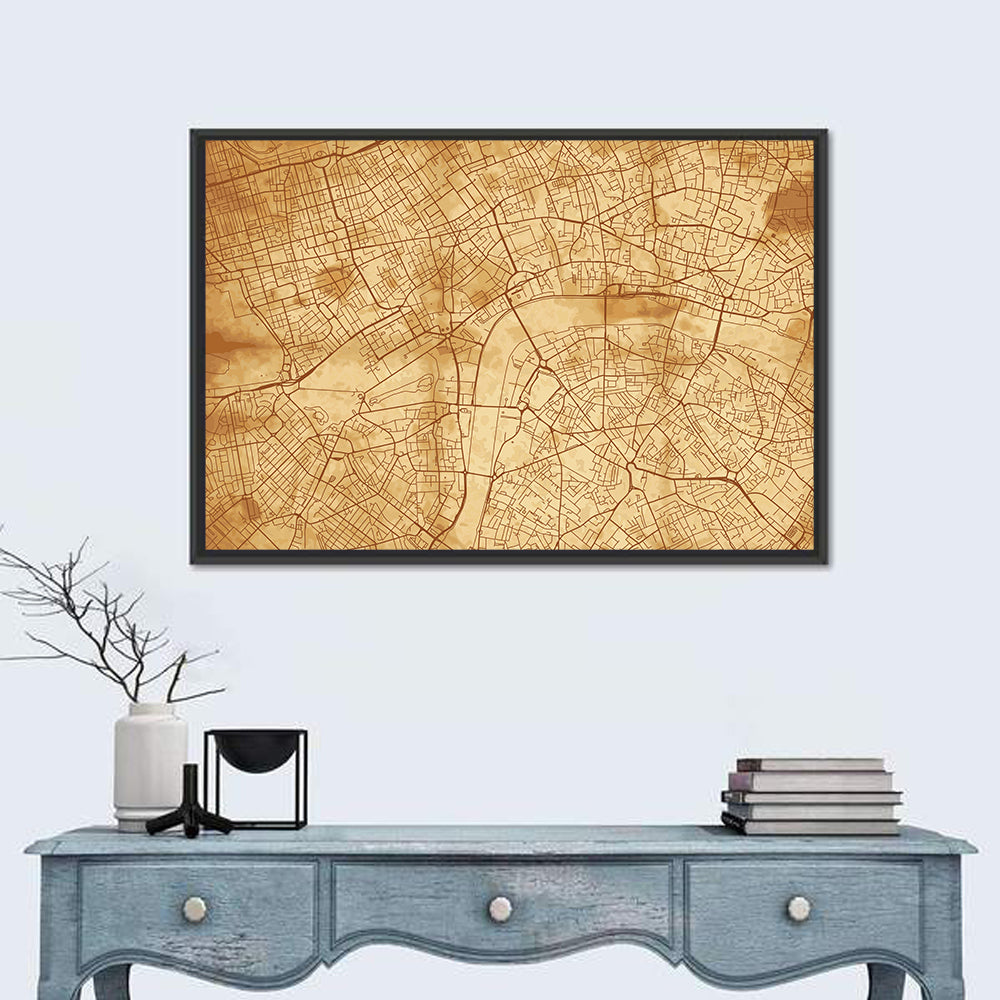 Vintage London City Map Wall Art in a room, landscape