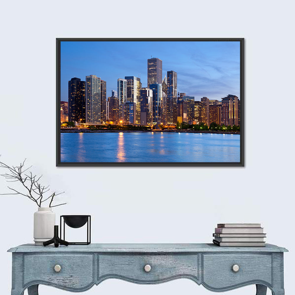 Chicago Skyline at Dusk Wall Art in a room, landscape