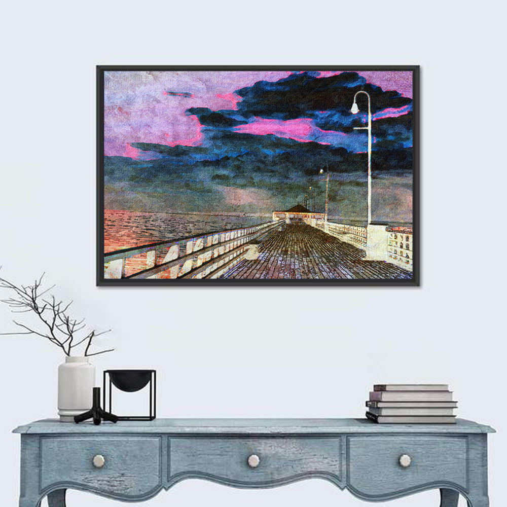 Wooden Beach Pier Wall Art in a room, landscape