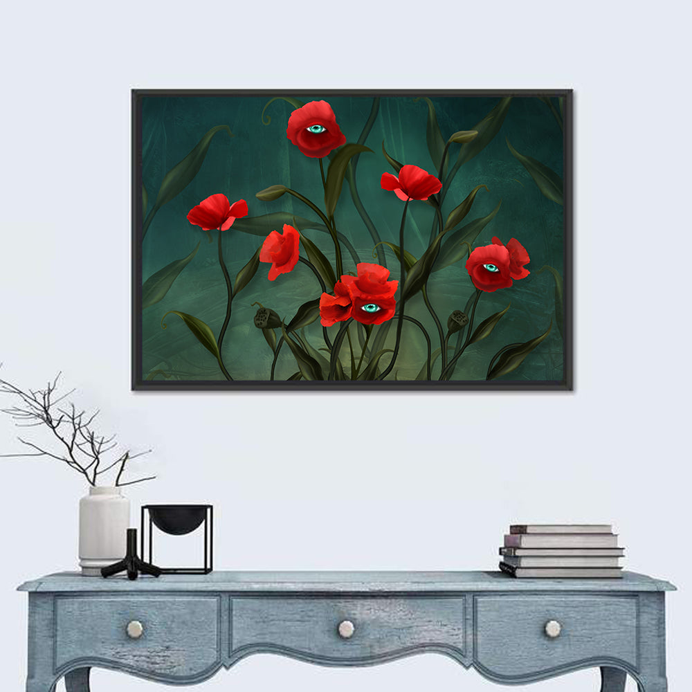 Surreal Poppies with Eyes Wall Art in a room, landscape
