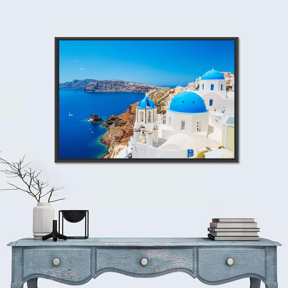 Oia Santorini Blue Domes Wall Art in a room, landscape