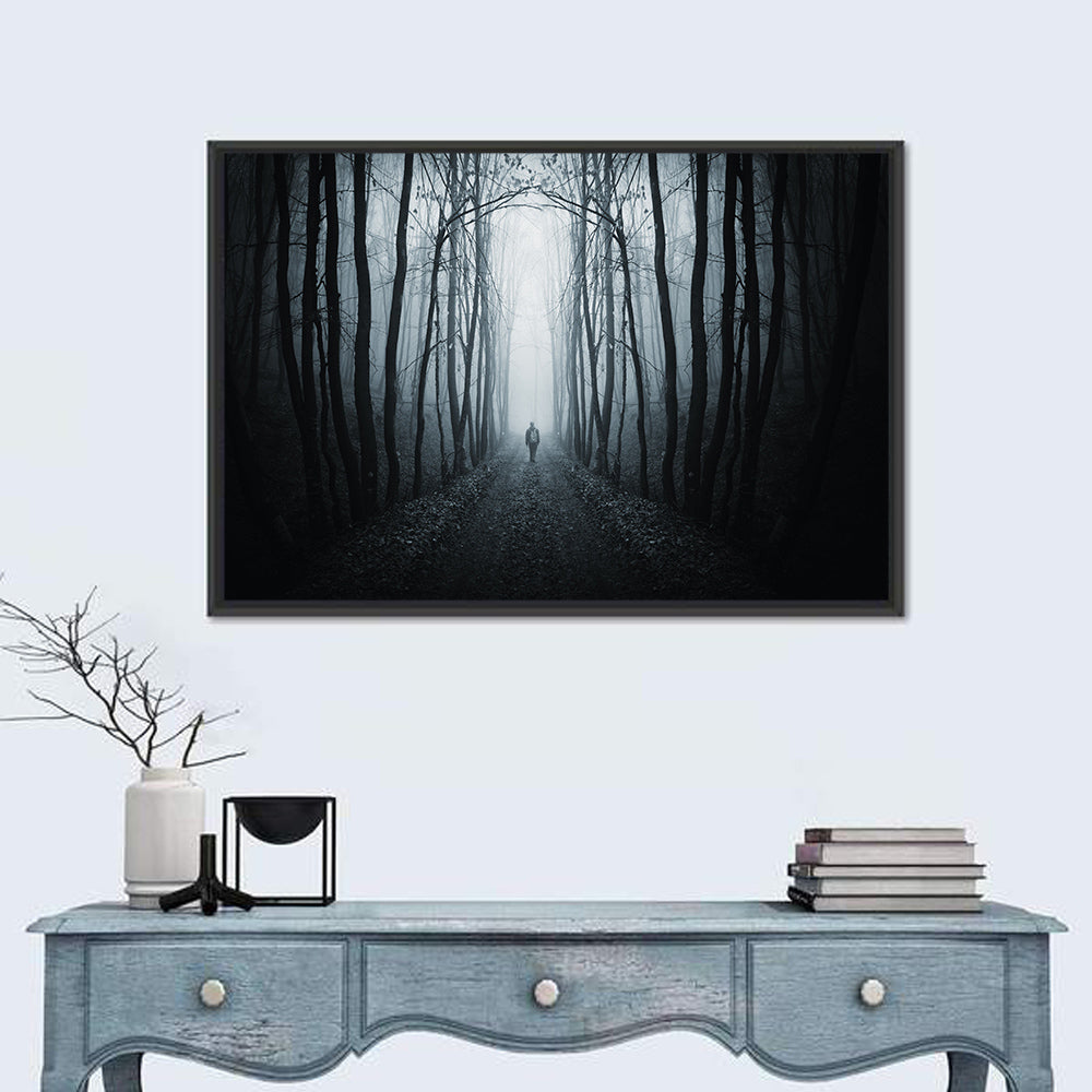Strange Foggy Forest Path Wall Art in a room, landscape