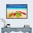 Five Colorful Kayaks on White Sand Wall Art