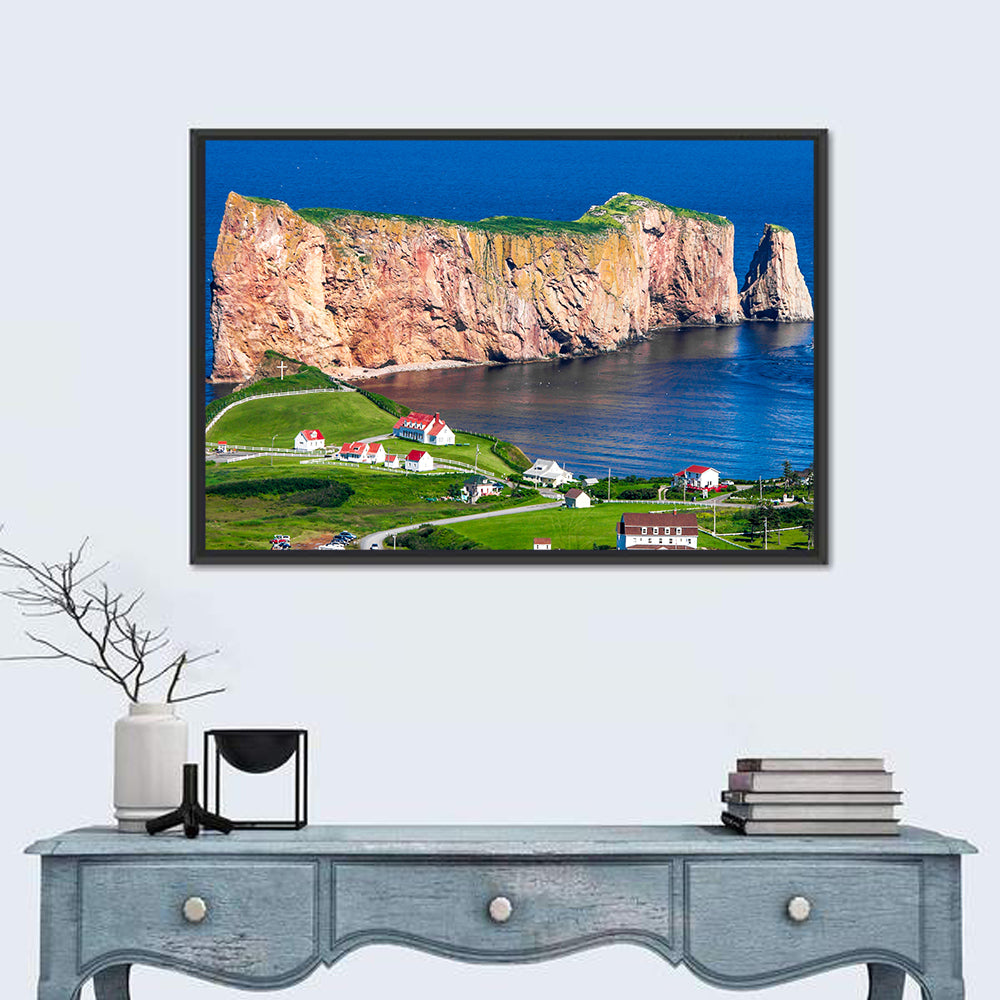 Percé Rock and Coastal Village, Quebec Wall Art in a room, landscape