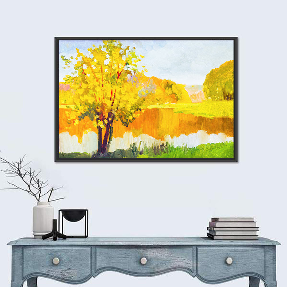 Autumn Tree and Lake Wall Art in a room, landscape