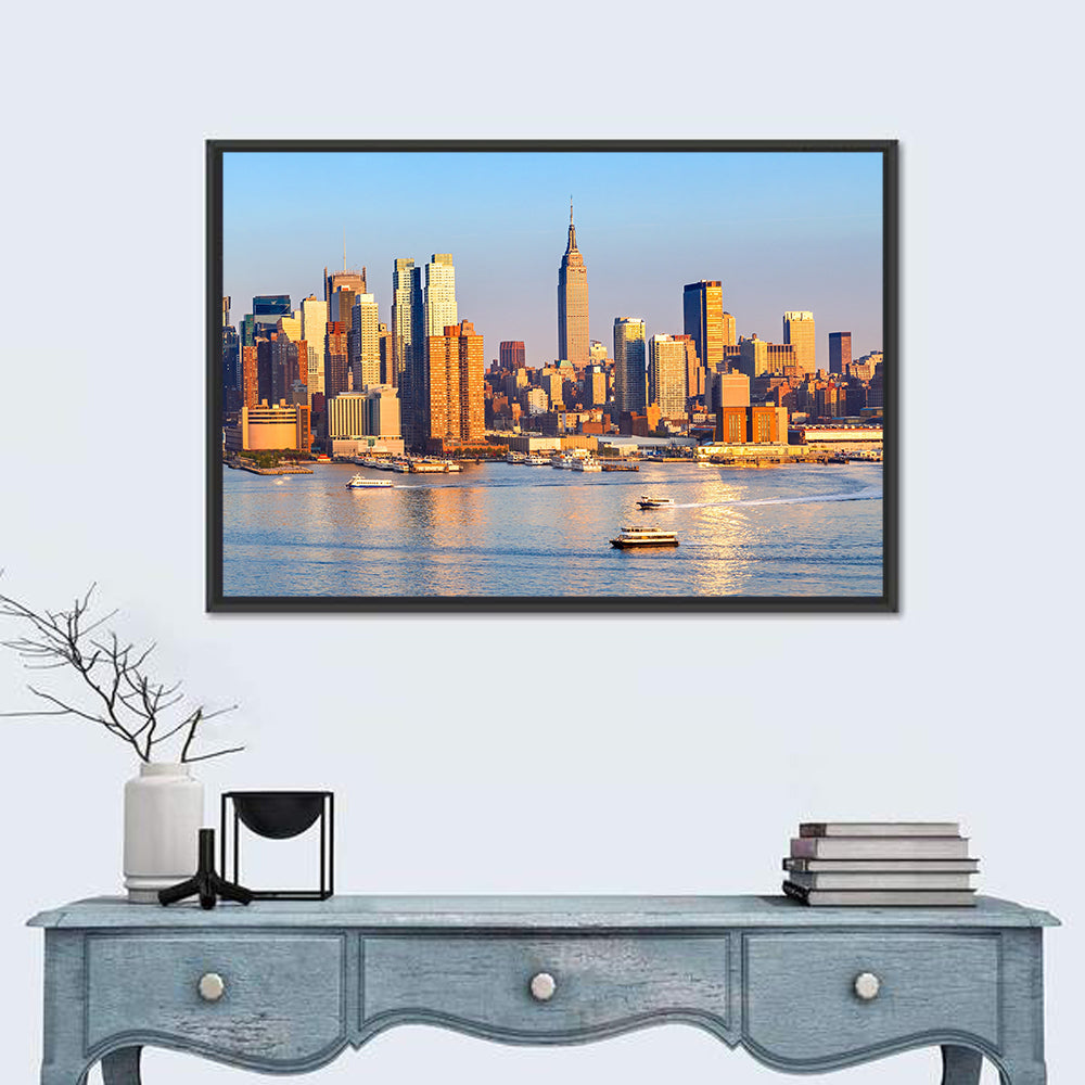 Manhattan Sunrise Over Harbor Wall Art in a room, landscape