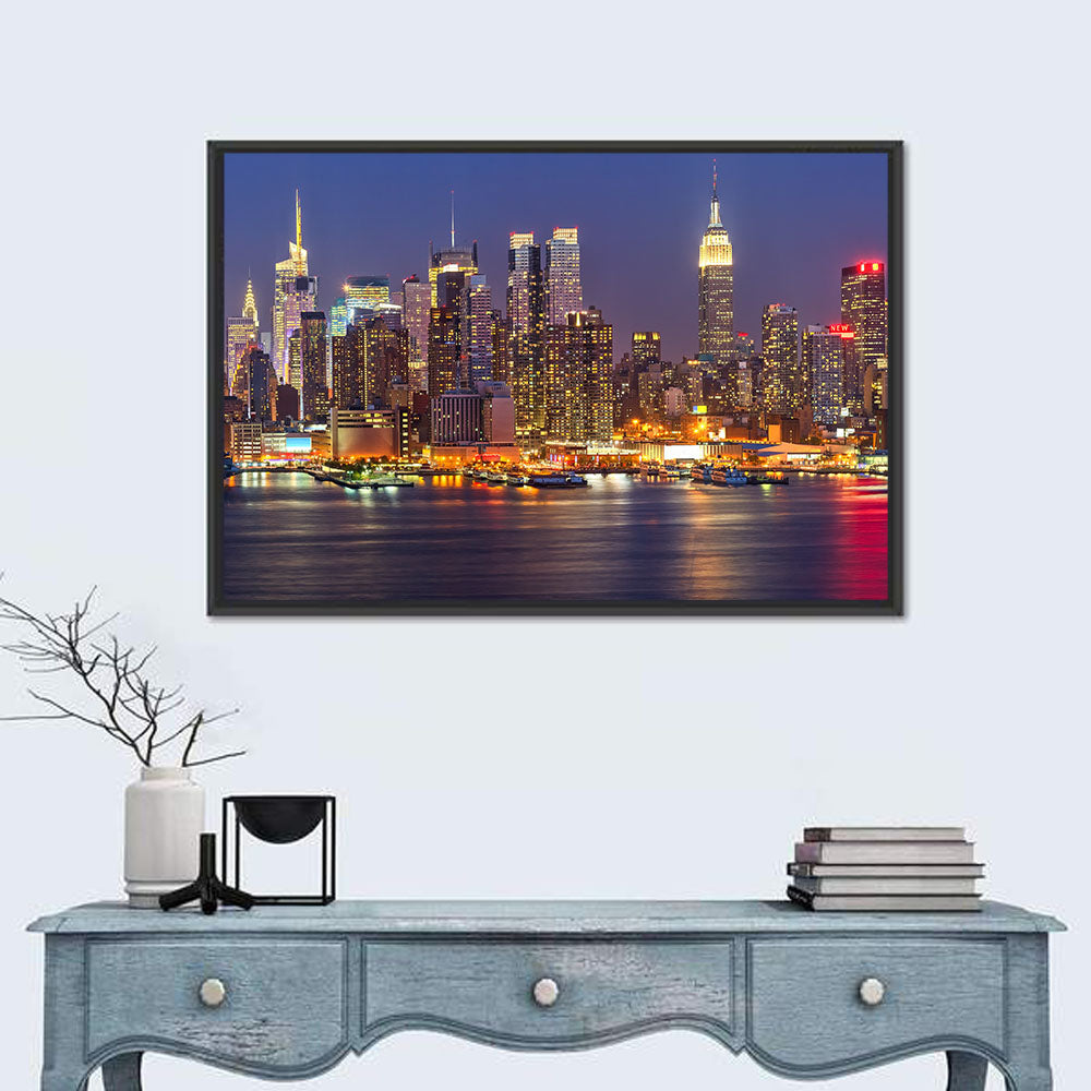 Manhattan at Night Wall Art in a room, landscape