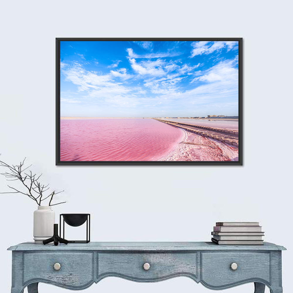 Pink Salt Lake Boardwalk Wall Art in a room, landscape