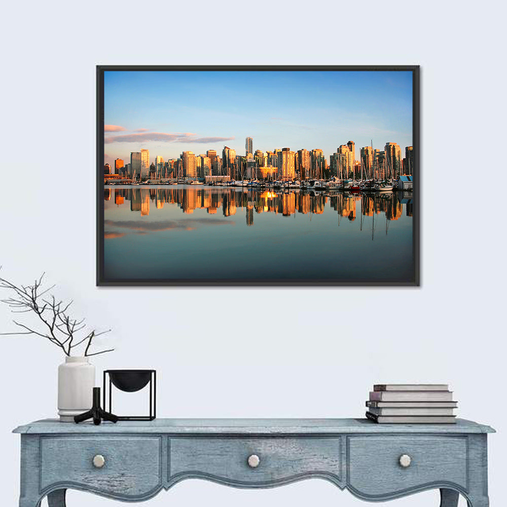 Coal Harbour Vancouver Skyline Wall Art in a room, landscape