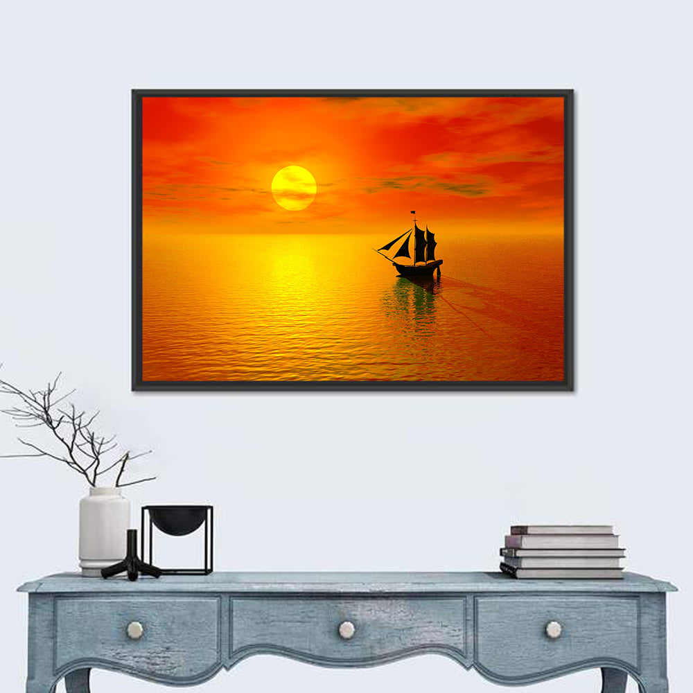 Old Sailboat Silhouette at Sunset Wall Art in a room, landscape