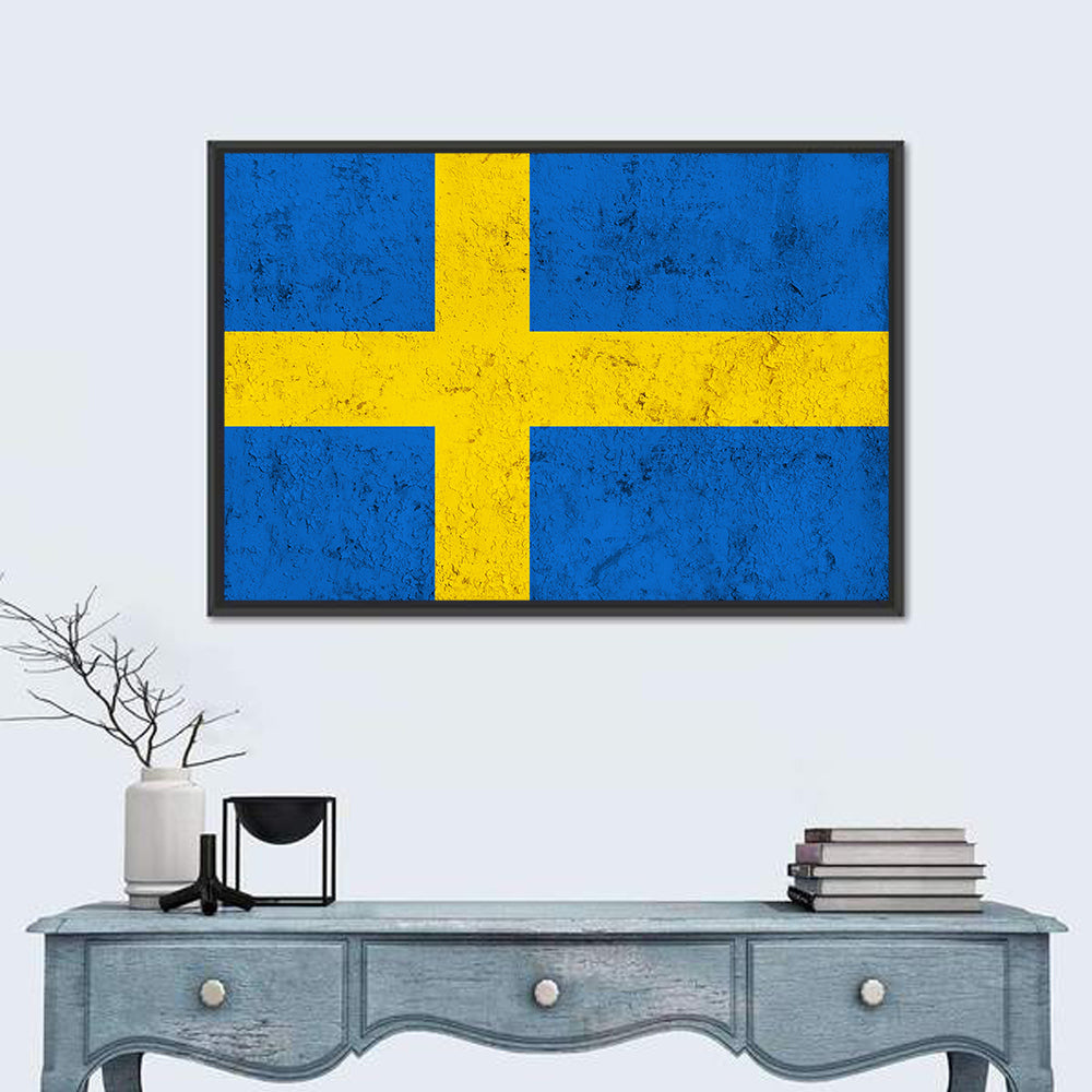 Weathered Swedish Flag Wall Art in a room, landscape