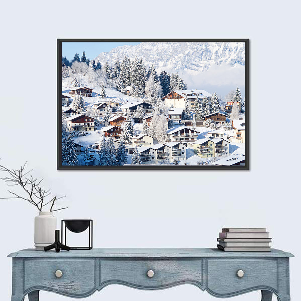 Snow Covered Swiss Alps Village Wall Art in a room, landscape