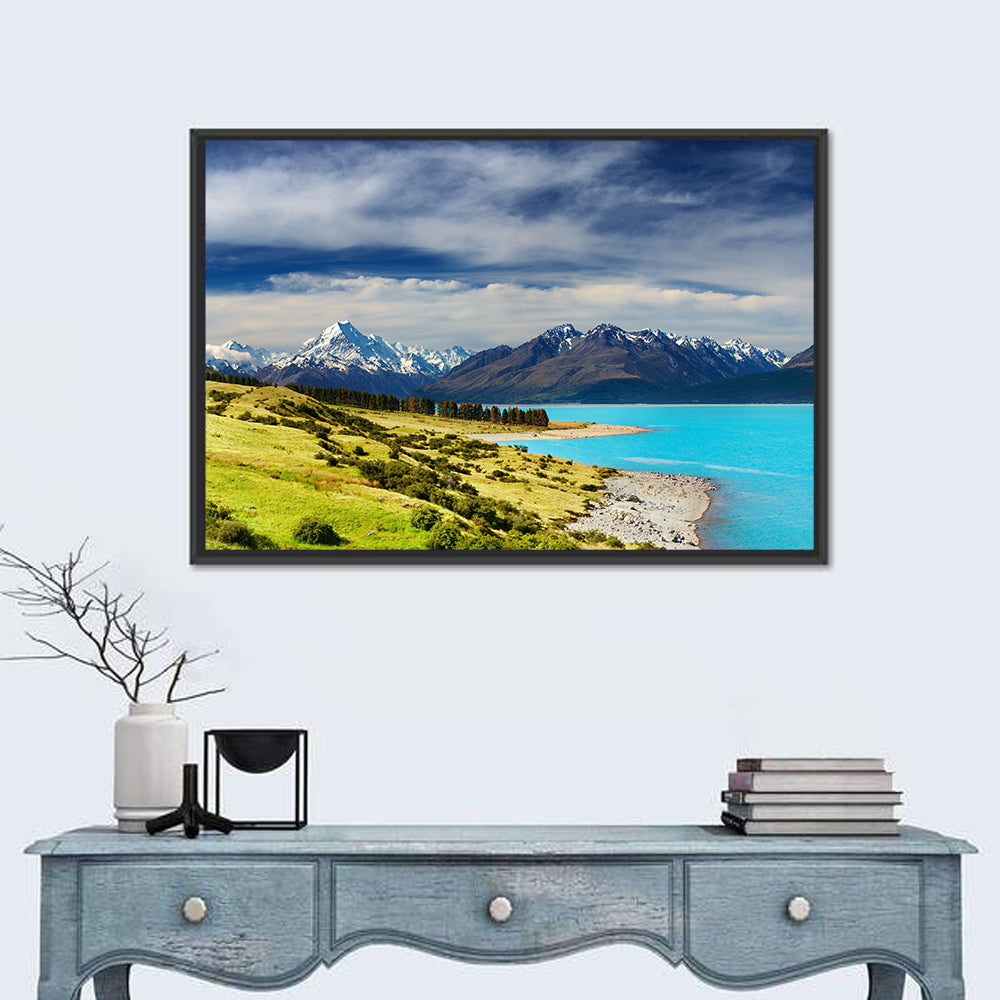 Mount Cook Over Lake Pukaki Wall Art in a room, landscape