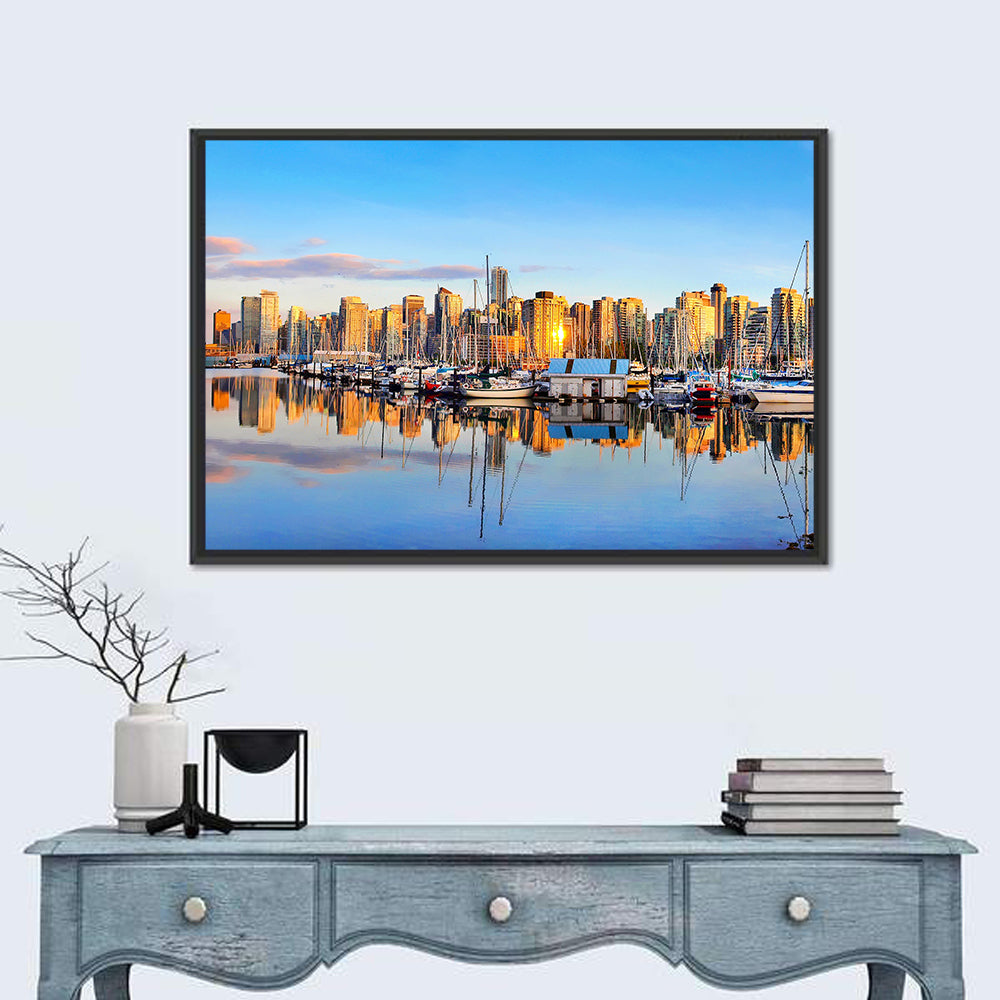 Vancouver Coal Harbour Sunset Skyline Wall Art in a room, landscape