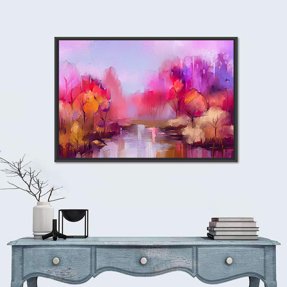 Autumn Forest Reflection Oil Painting Wall Art in a room, landscape