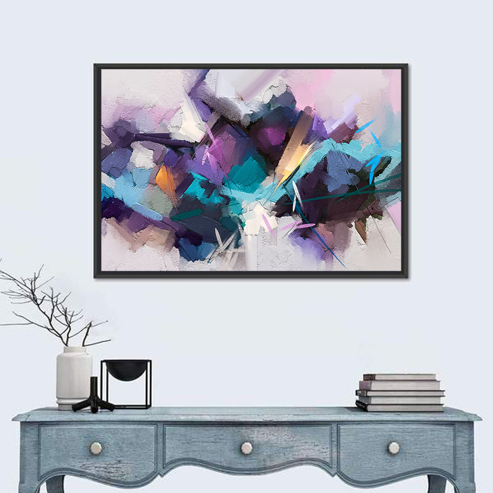 Impasto Texture Abstract in Purple and Teal Wall Art in a room, landscape