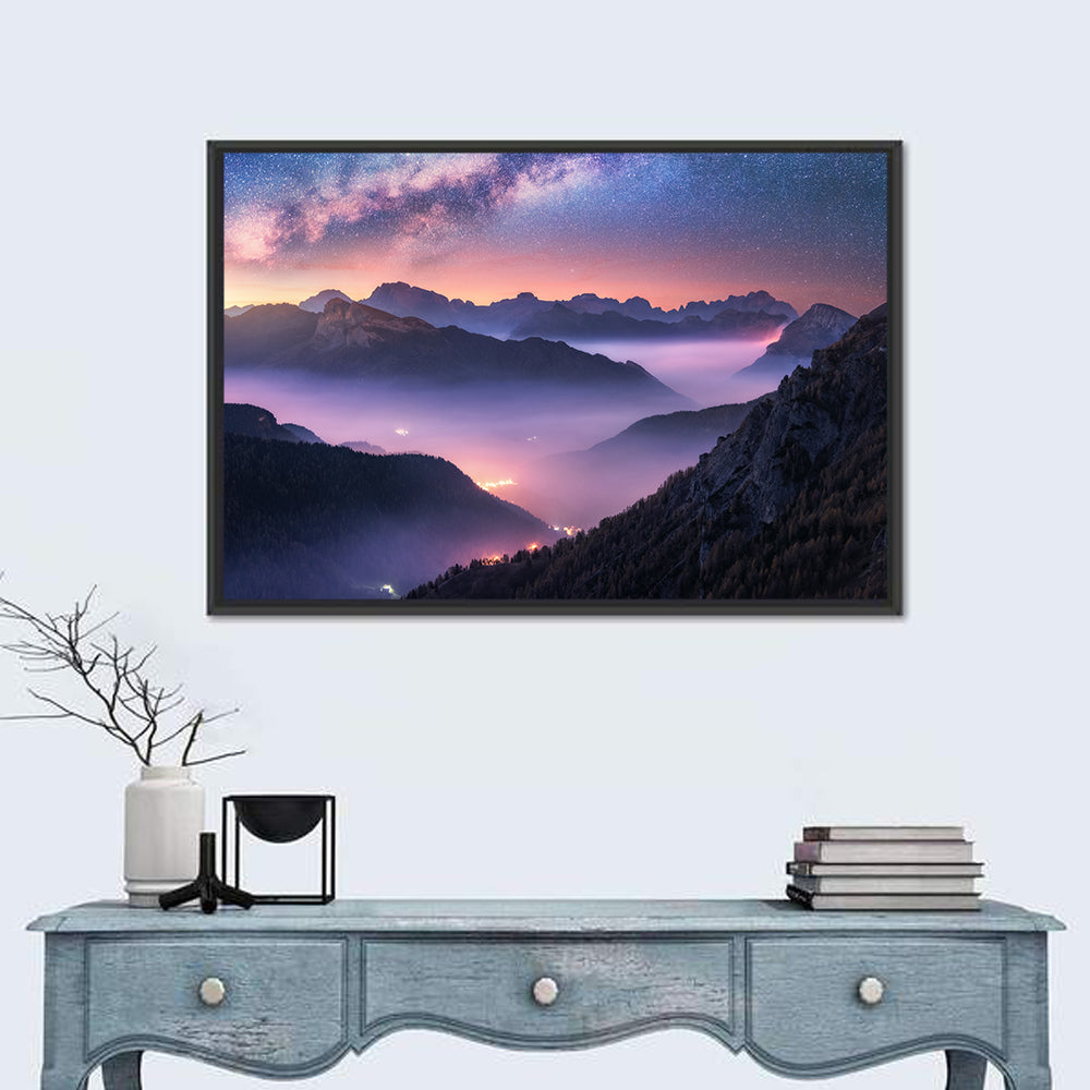Misty Italian Mountains Under the Milky Way Wall Art in a room, landscape