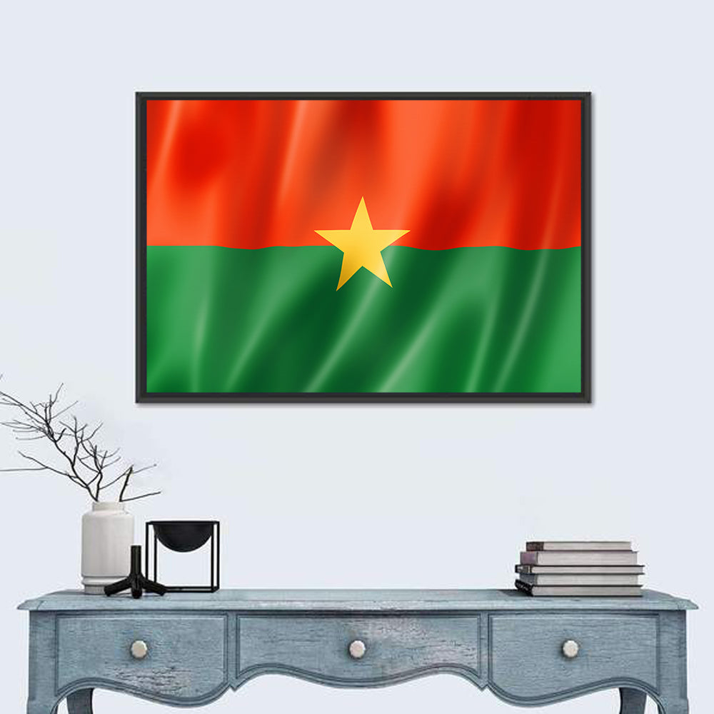 Burkina Faso Flag with Wavy Texture Wall Art in a room, landscape