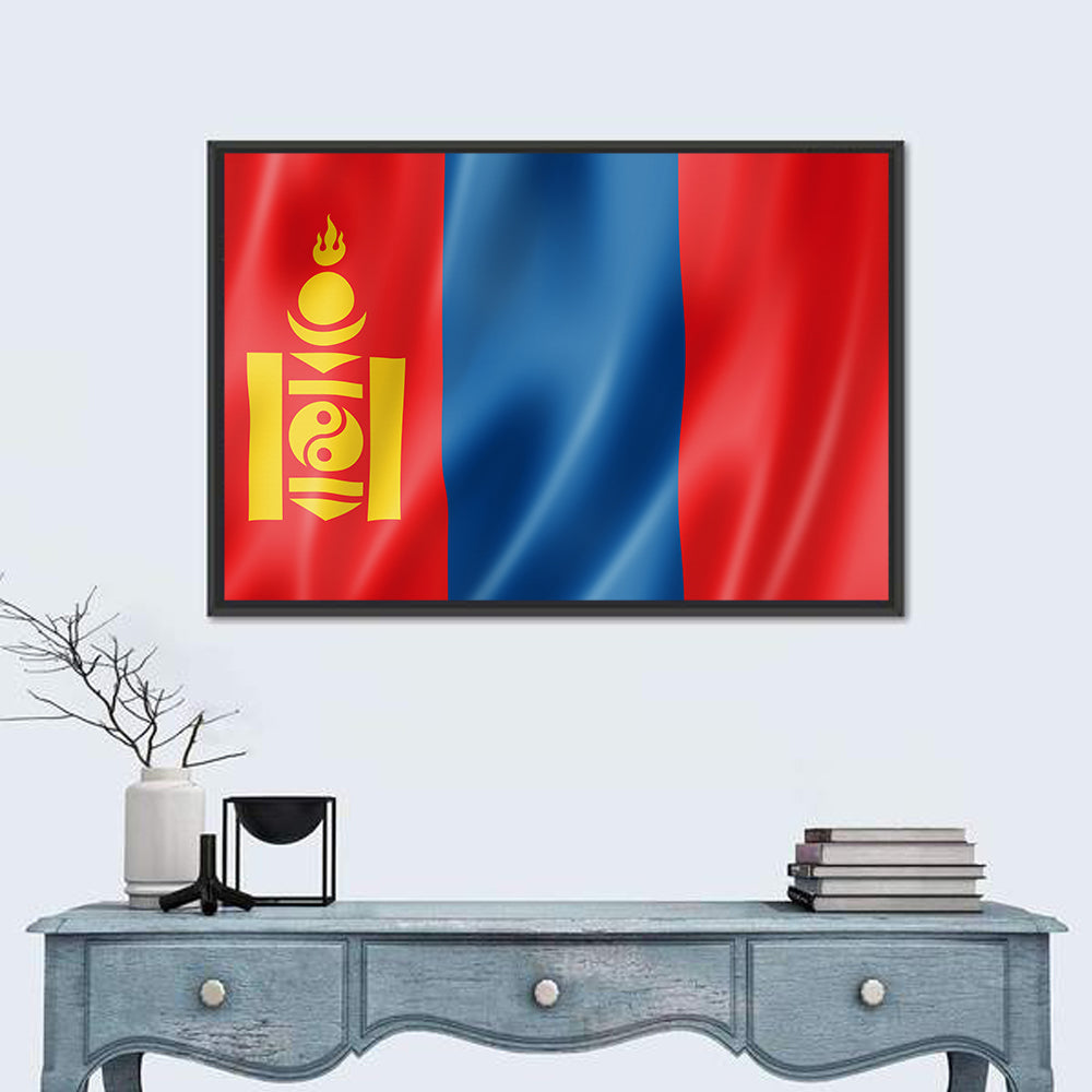 Mongolian Flag with Soyombo Emblem Wall Art in a room, landscape