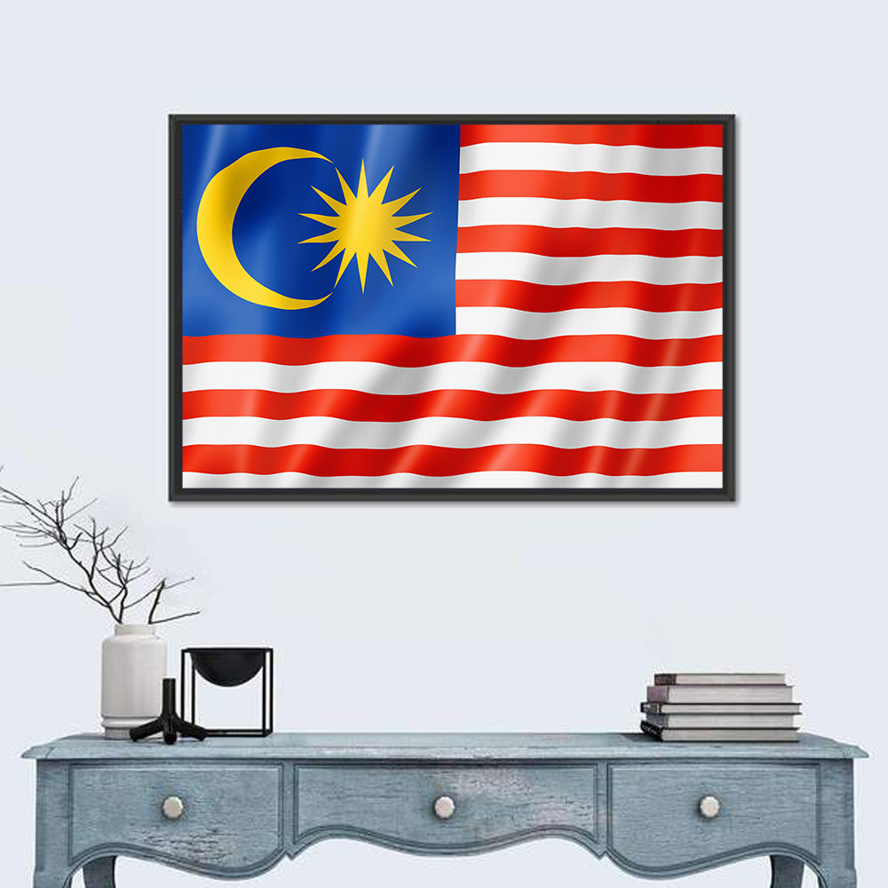 Malaysian Flag with Crescent and 14 Point Star Wall Art in a room, landscape