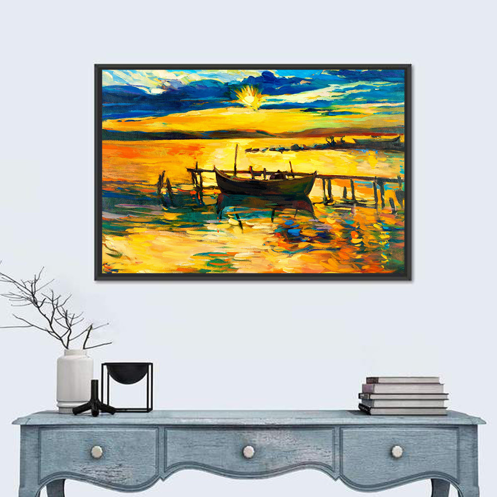 Sunset Boat at Jetty Oil Painting Wall Art in a room, landscape