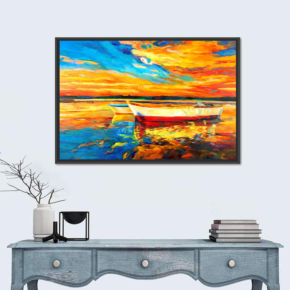 Boats at Golden Sunset Wall Art in a room, landscape