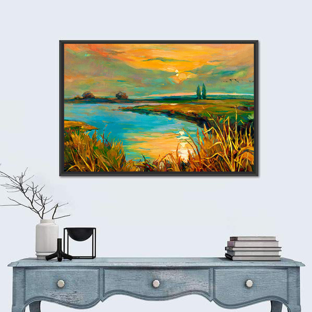 Rural Lake at Sunset Wall Art in a room, landscape
