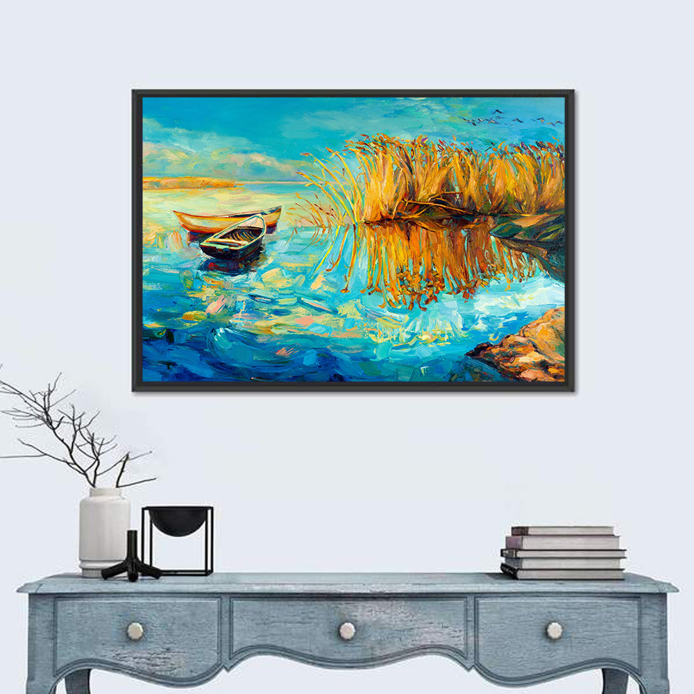 Rowboats and Reeds on Blue Lake Wall Art