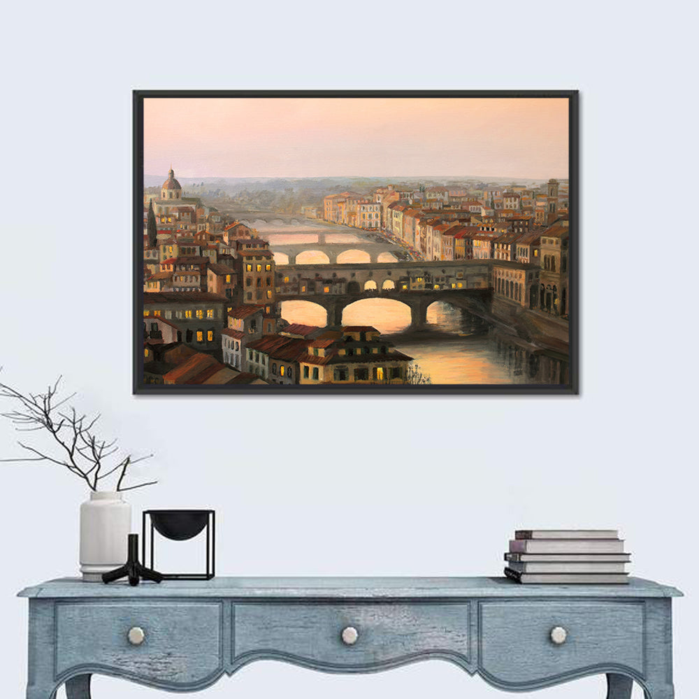 Florence Sunset Over Ponte Vecchio Wall Art in a room, landscape