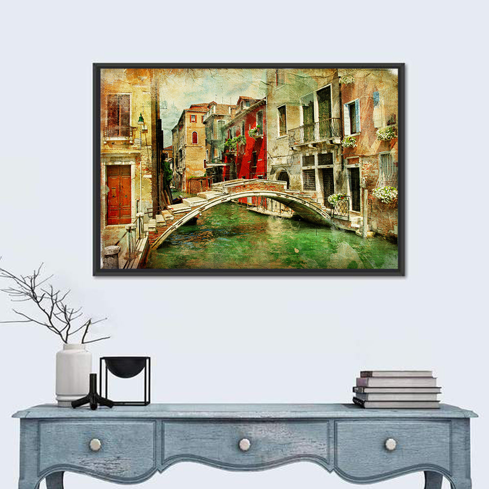 Venetian Canal Romance Wall Art in a room, landscape
