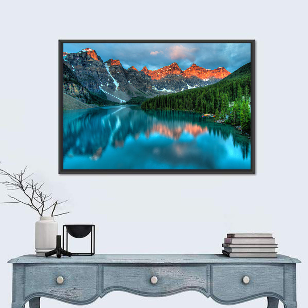 Moraine Lake at Golden Hour Wall Art in a room, landscape