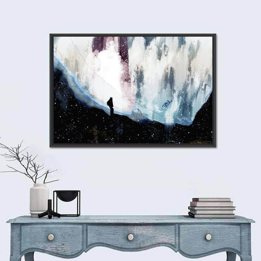 Silhouette on Cliff Over Waterfall Wall Art in a room, landscape