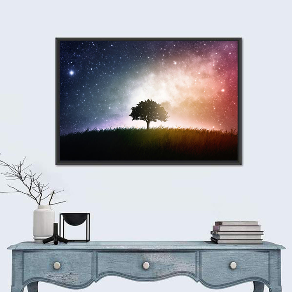 Tree Silhouette Under Nebula Sky Wall Art in a room, landscape