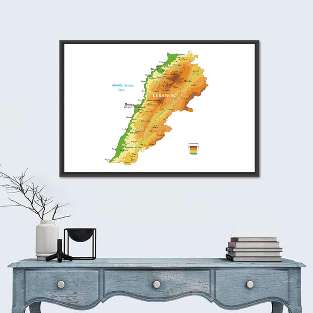 Lebanon Terrain Map Wall Art in a room, landscape