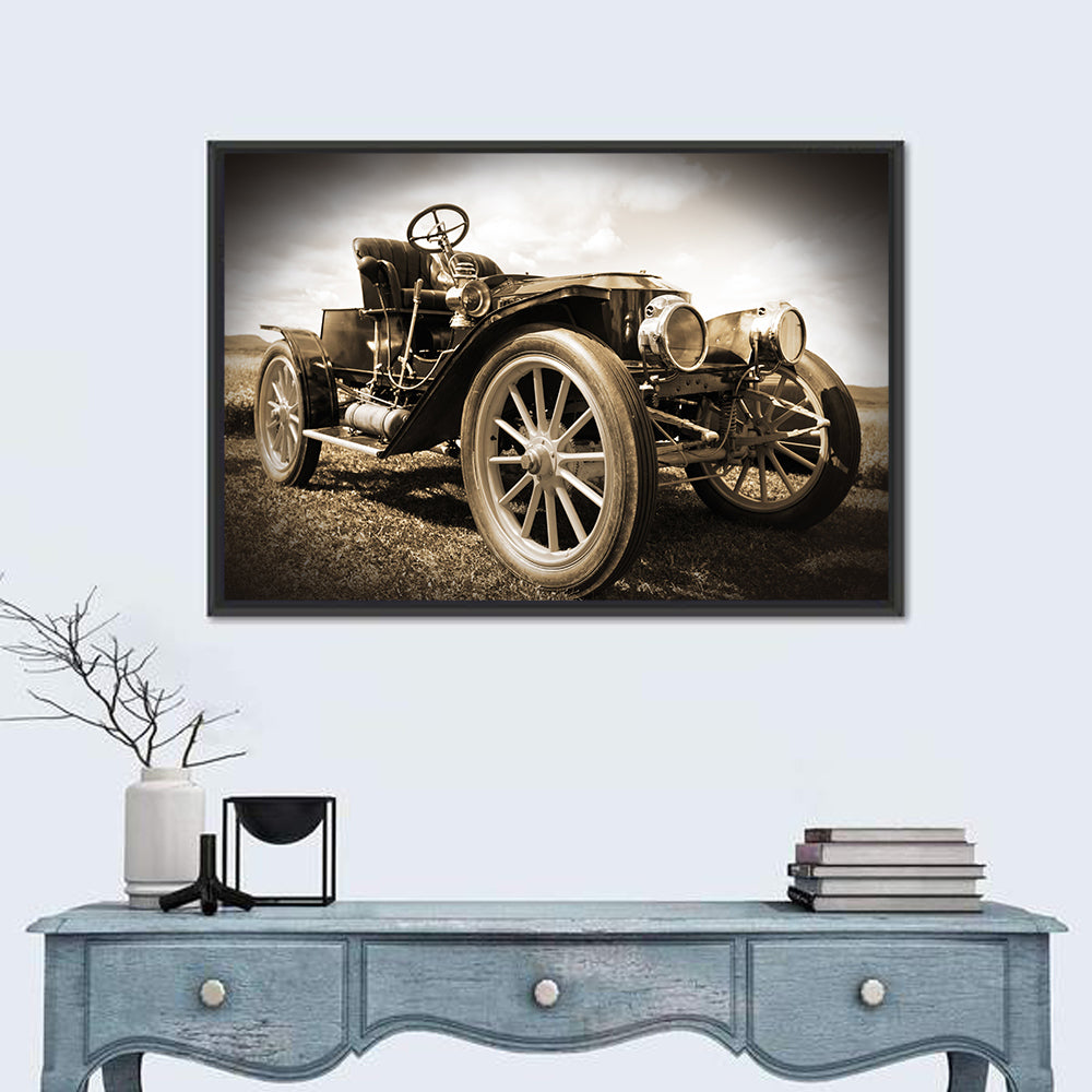 Sepia Vintage Roadster Side Profile Wall Art in a room, landscape