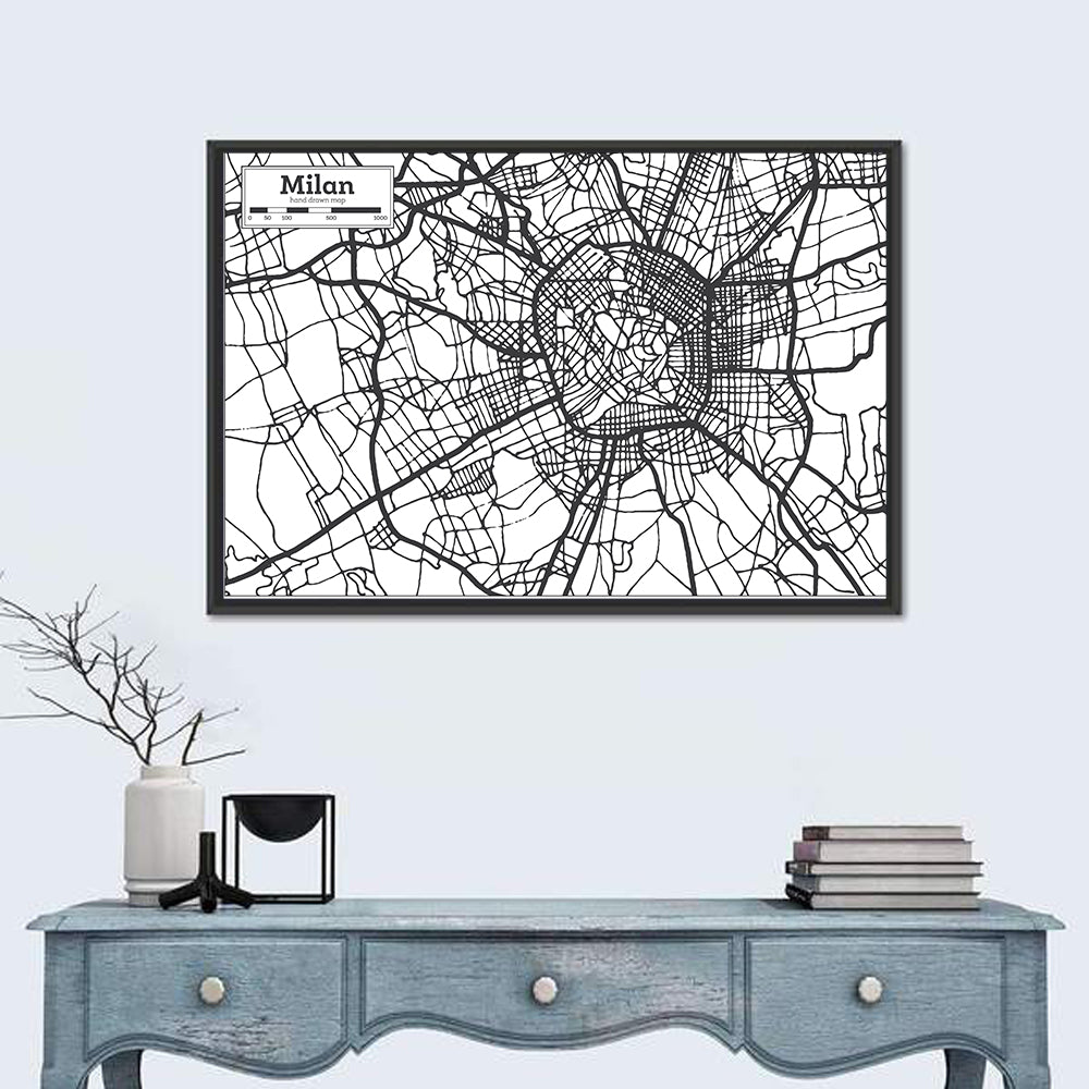 Milan City Map Monochrome Wall Art in a room, landscape