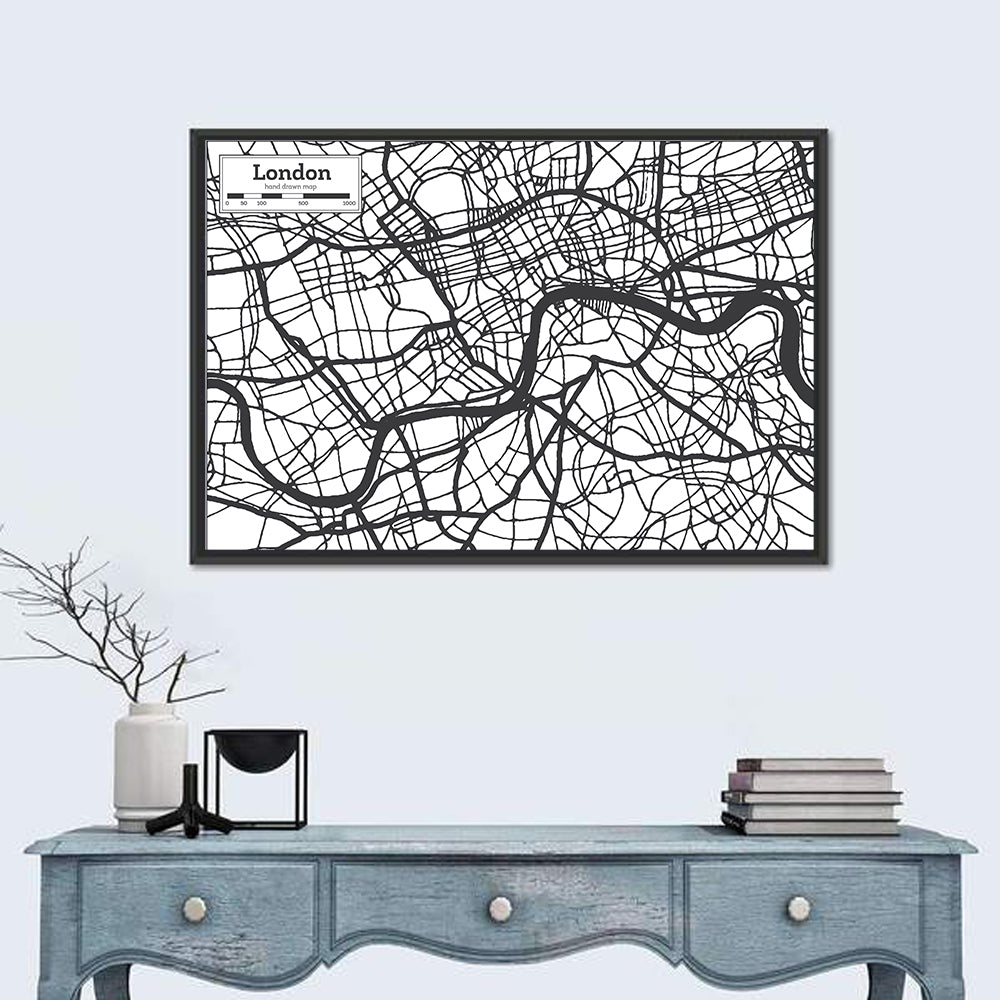 Hand Drawn London Map Wall Art in a room, landscape