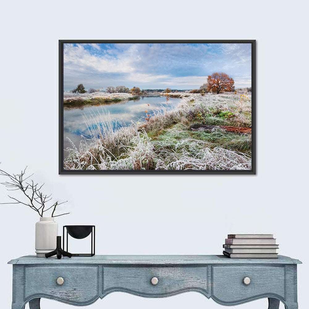 Frosted Autumn River Landscape Wall Art in a room, landscape