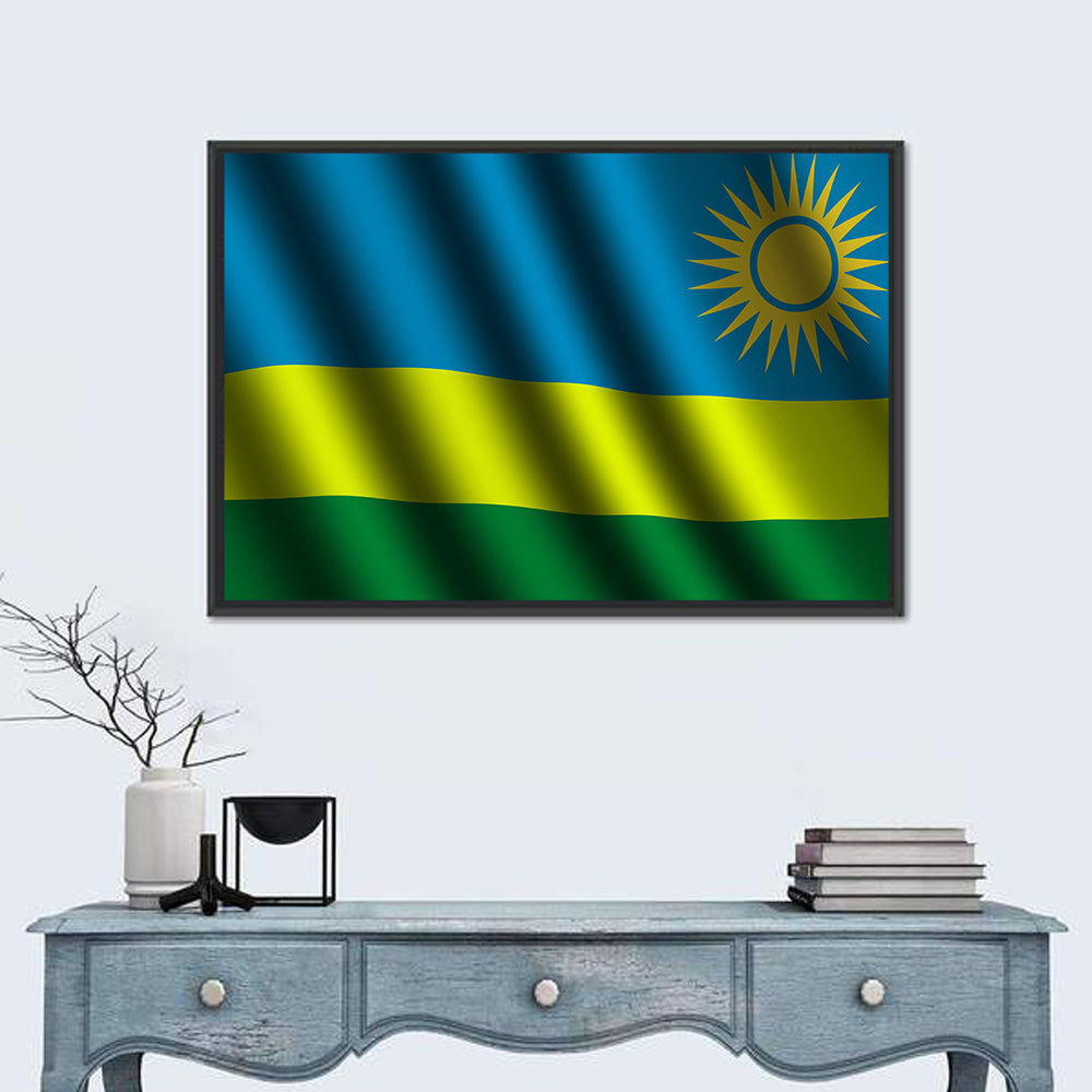 Rwandan Flag with Golden Sun Wall Art in a room, landscape