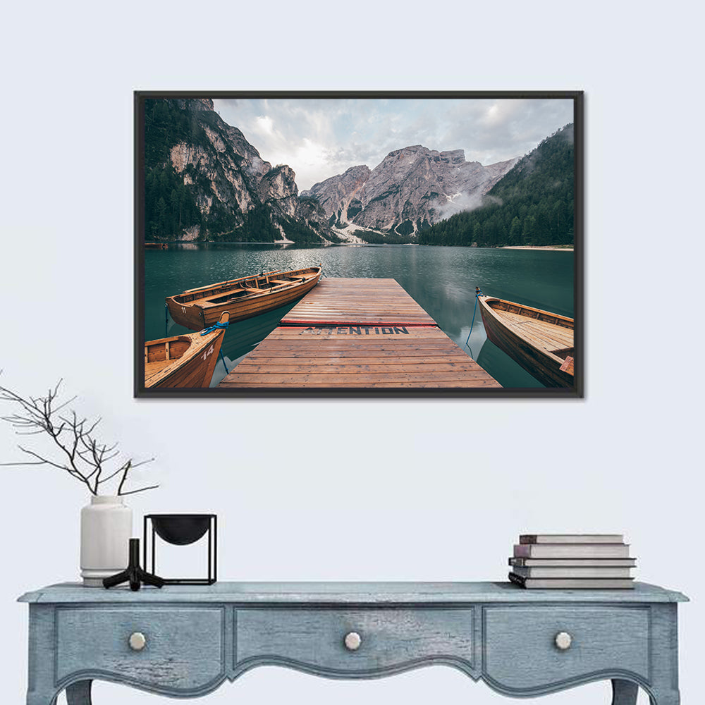 Lago Di Braies Dock, Dolomites Wall Art in a room, landscape