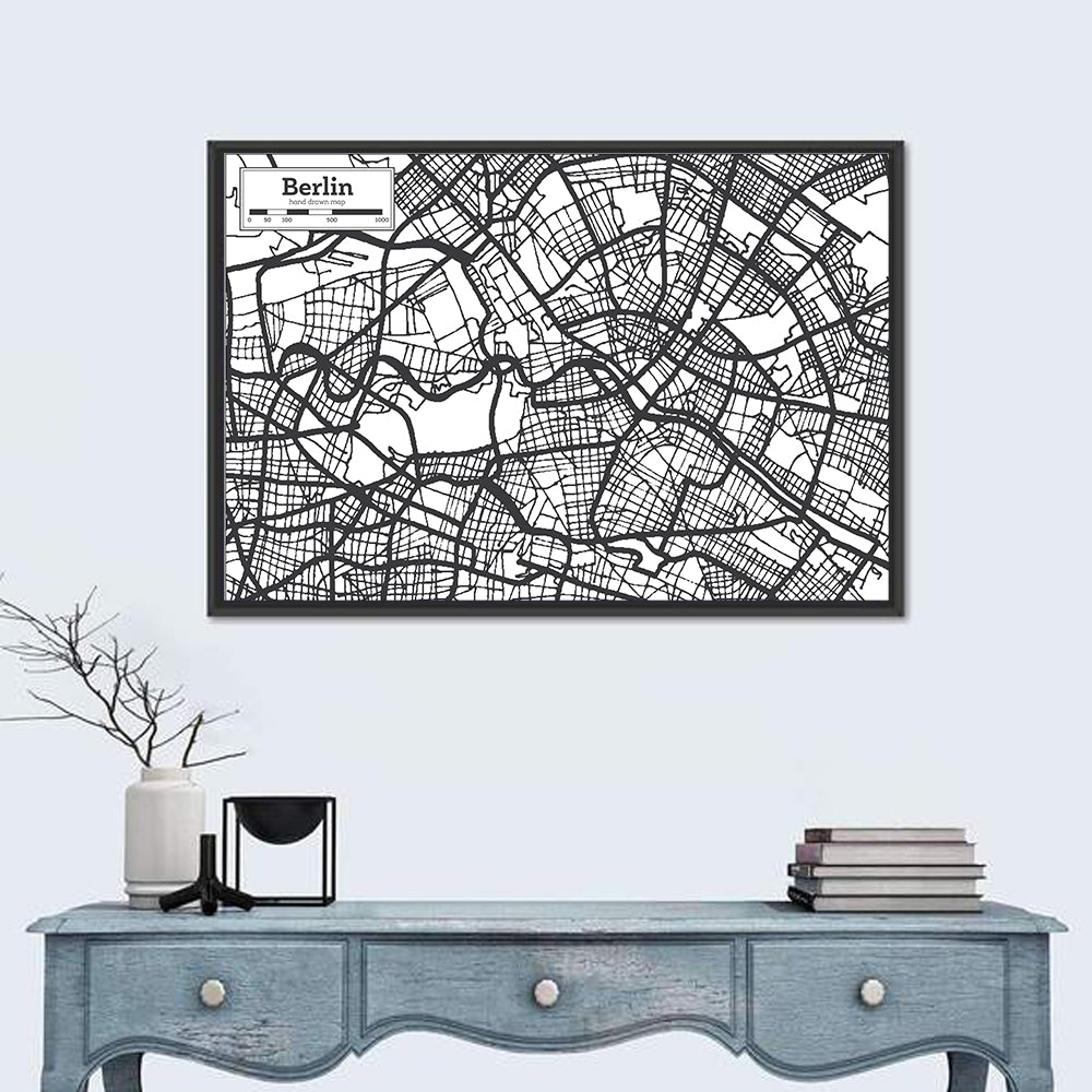 Hand-drawn Berlin City Map Wall Art in a room, landscape