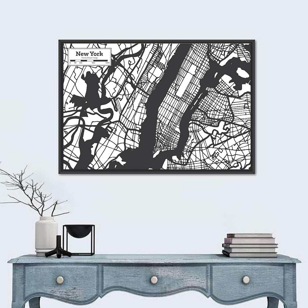 New York City Map Black and White Wall Art in a room, landscape