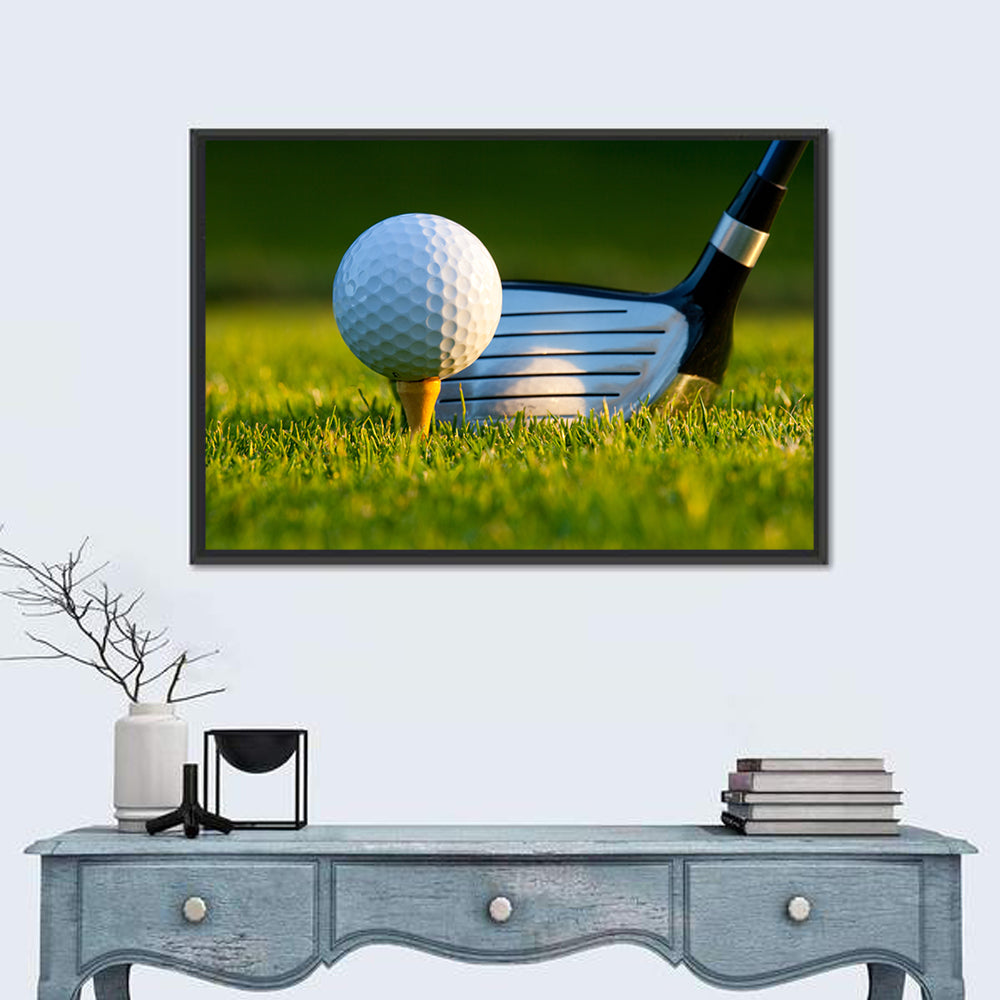 Golf Ball and Club Close Up Wall Art in a room, landscape