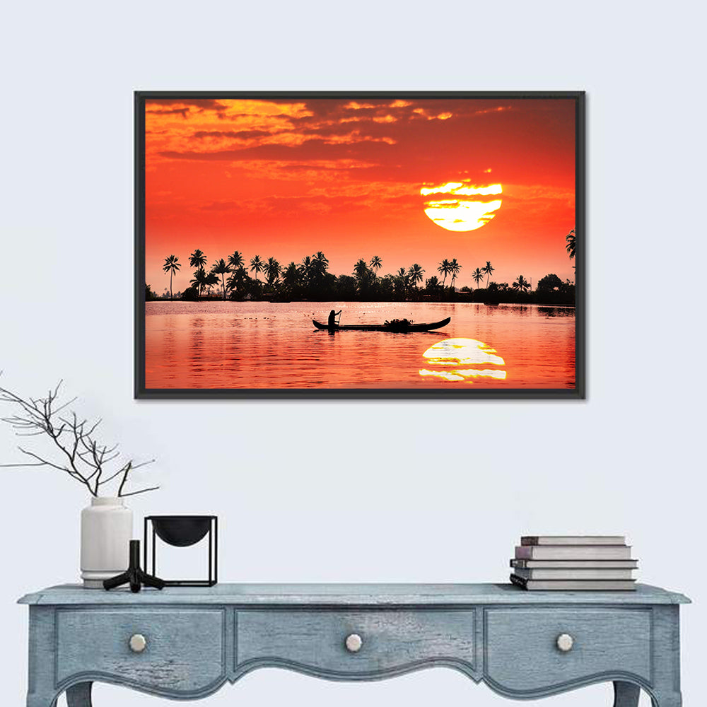 Boat and Fisherman Silhouette Wall Art in a room, landscape