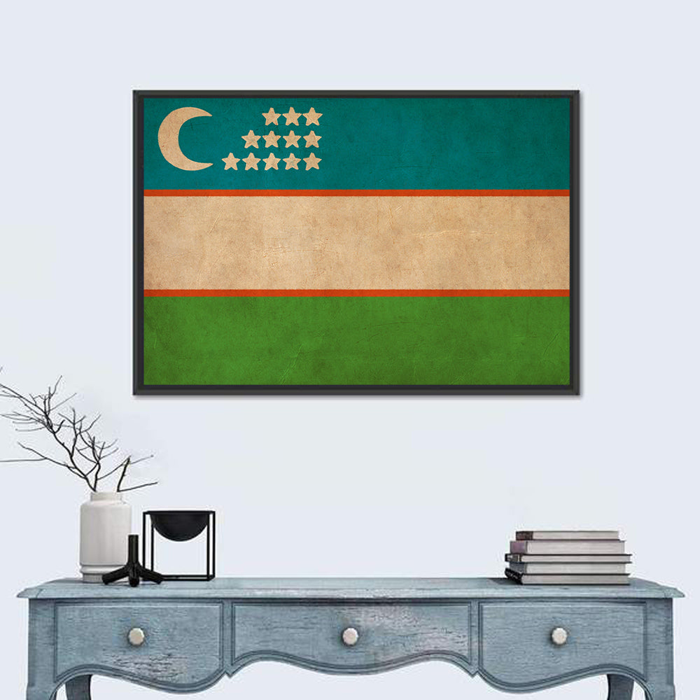 Uzbekistan Flag with Crescent and Stars Wall Art in a room, landscape